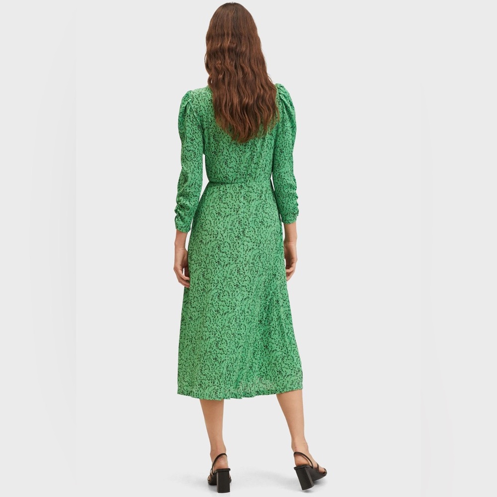 MANGO Jade Green Floral Print Puff Sleeve Smocked Waist Flare Midi Dress Sz 8 - Picture 4 of 4